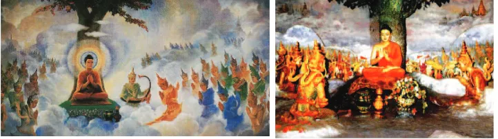Gambar : 1.11 a dan 1.11 b Buddha mengajar para dewa di surga tingkat dua (Tavatimsa)