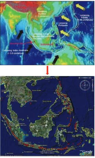 Gambar 1.21 Peta tumbukan lempeng dan persebaran gunung berapi di negara-negara ASEAN.