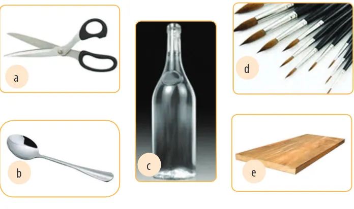 Gambar 1.32. Alat pembuatan kerajinan getah nyatu; a. gunting, b. sendok, c. botol, d