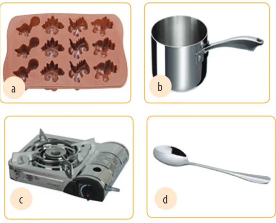Gambar 1.36. Alat pembuatan kerajinan lilin; a. cetakan, b. panci, c. kompor, dan d. sendok.