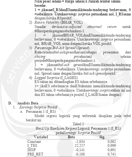 Tabel 2 Hasil Uji Koefisien Regresi Logistik Persamaan 1 (I_RS)  