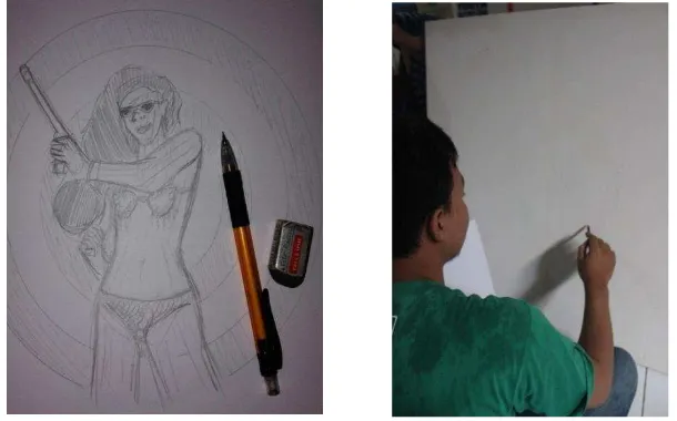 Gambar 4 dan 5: Proses sketsa pada kertas dan di dilanjutkan sketsa pada kanvas 