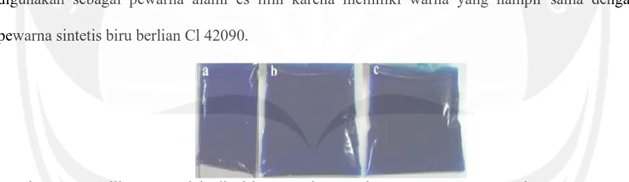 Gambar 6. Es Lilin yang telah dicairkan untuk pengukuran warna menggunakan  color reader dengan pewarna dari bunga telang (a), pewarna sintetis biru berlian Cl 42090 (b), 