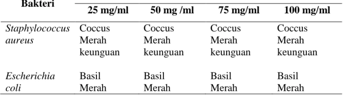 Tabel 4.1 Hasil pengamatan mikroskopis pewarnaan dengan ubi jalar ungu  terhadap bakteri Staphylococcus Aureus dan Eschericia Coli 