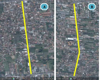 Gambar A, Ruas Jalan Gedong Kuning 1 Gambar B, Ruas Jalan Gedong Kuning 2 Sumber, Google Earth dengan pengolahan 