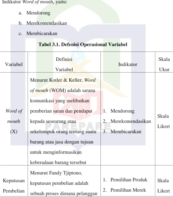 Tabel 3.1. Defenisi Operasional Variabel 