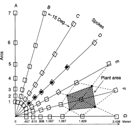 Table 1. Distance of each plant from the origin, distance from theprevious plant, and growing area per plant in each Nelder fan.