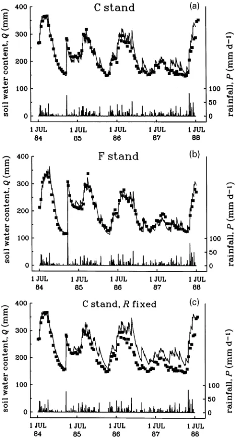 Figure 2. Seasonal changes in projected leaf area index estimated byRaison et al. (1992) for control (C, �) and fertilized (F, �) P