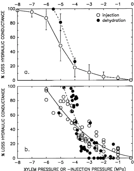 Figure 2. Mean cavitation pressure versus xylem diameter for stems