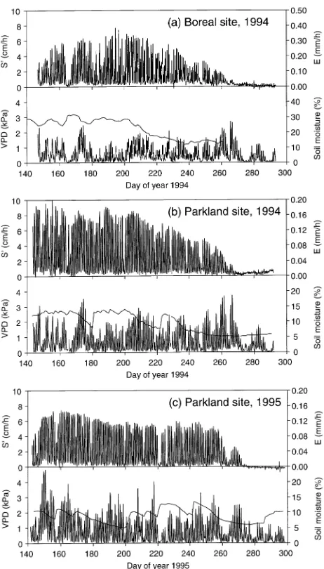 Figure 2. Sap flux densities (S′) and estimated transpiration rates (E)for three aspen clones (GL, UF and LF) at the parkland site during andfollowing a hot period (May 28 to June 8, 1995)