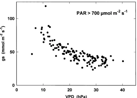 Figure 4. Average stomatal conductance of a branch versus incidentPAR, for VPD values below 15 hPa