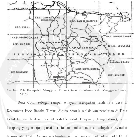 Gambar: Peta Kabupaten Manggarai Timur (Dinas Kehutanan Kab. Manggarai Timur, 2010) 