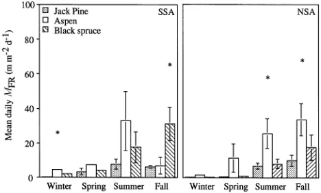 Figure 2. Average fine root length (m m−2) to soil depth of 20 cm forjack pine, aspen and black spruce stands at the Southern Study Area(SSA) and Northern Study Area (NSA) in September 1995