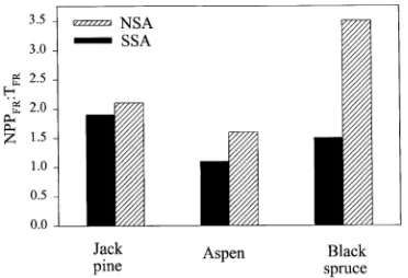 Figure 6. Comparison of annual fine root NPP obtained from ingrowthcores for 1995 (95 NPPzotrons (95 NPPFR-C) and 1996 (96 NPPFR-C), and minirhi-FR-M) for jack pine, aspen and black spruce at both theSouthern Study Area (SSA) and Northern Study Area (NSA).