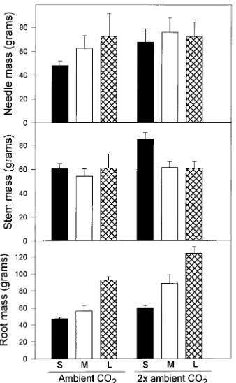 Figure 1. Effects of pot volume (S = 0.6 l, M = 3.8 l and L = 18.9 l) onmean final needle, stem and root mass of loblolly pine seedlings grownin ambient (360 µmol mol−1) or 2× ambient (720 µmol mol−1) CO2concentration