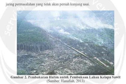 Gambar 2. Pembakaran Hutan untuk Pembukaan Lahan Kelapa Sawit  (Sumber: Hanafiah, 2013) 
