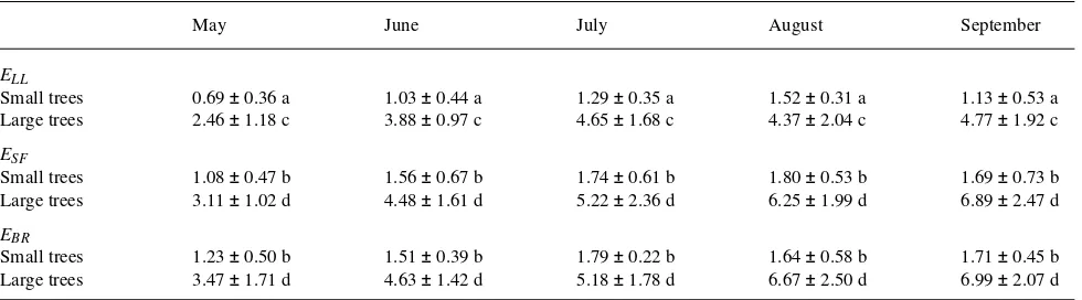 Table 2. Total daily transpiration rates (Estatistically different from each other within a particular month are marked with different letters (ANOVA, significant effect of time on all measurements oftrees (leaf-level measurements (, mm day−1) for small an
