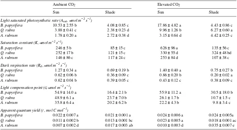 Table 1. Photosynthetic light response parameters of leaves of shade-intolerant Betulawithin a row or column with the same letter are not significantly different (shade-tolerant  papyrifera, moderately shade-tolerant Quercus rubra, andAcer rubrum seedlings
