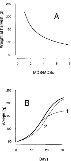 Figure 10. Simulated fruit weight at harvest for MDS/MDSo valuesranging from 1 to 8 (A), and growth curves simulated according to theperiod of stress (B)