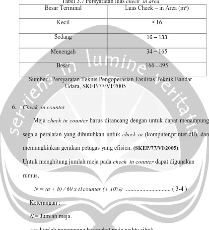 Tabel 3.7 Persyaratan luas check  in areaBesar Terminal  Luas Check  in Area (m²) 