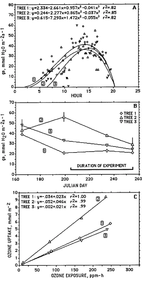 Figure 3. Response of CER versus cumulative ozone exposure (a) andCER versus cumulative ozone uptake (b) after 1 and 2 months of ozoneexposure