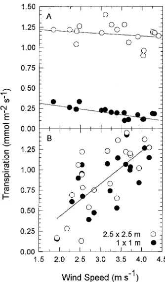 Figure 5. Crown conductance (gc) in relation to wind speed on (A)May 11, 1993, (B) May 14, 1993 (� �) and May 19, 1993 (� �) inA