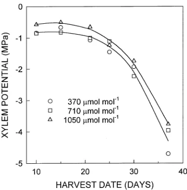 Figure 1. Mean soil relative water content (RWC) at each of three CO2(Day 0). Watering was discontinued after soil was wetted to drip onconcentrations following emergence of P