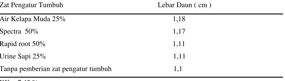 Tabel 7. Lebar daun terlebar setek pucuk jeruk kacang dengan pemberian beberapa zat pengaturtumbuh pada umur 120 ( HST )