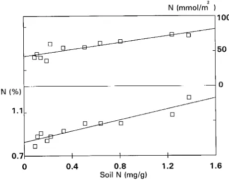 Figure 5. Leaf nitrogen (N) expressed on a leaf mass (%) and leaf area(mmol m−2) basis is plotted versus corresponding soil nitrogen con-centration (Nsoil, mg g−1) for plants growing in Subarea 2