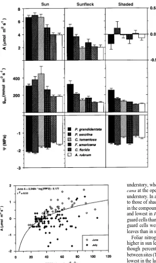 Figure 7. Net photosynthesis (A) versus photosynthetic photon fluxdensity (PPFD) and fitted regression curve in shaded understoryleaves pooled for six tree species at six sampling dates (including thepredrought in June and peak drought in July)