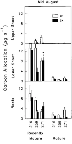 Figure 8. Effects of O3 exposure on chemical composition of coarseroots. Ozone treatments were charcoal-filtered air (CF) and twiceambient O3 (2×)