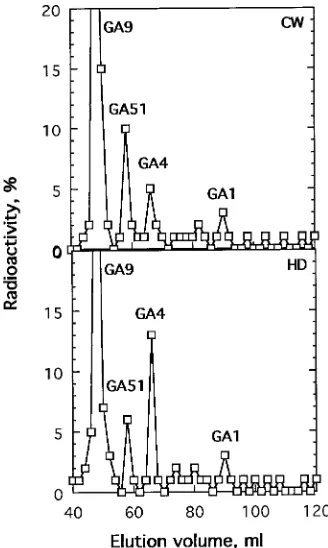 Table 1. Recovery of tritiated and deuterated GA4application of 170 kBq [are presented as percent of total radioactivity recovered and as  in needles, stem and lateral buds of Norway spruce shoots after xylem injection or needle3H]GA4 and 10 µg [2H2]GA4