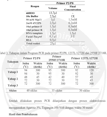 Tabel 2. Reagen (Vivantis DNA Amplification kit) yang digunakan dalam proses amplifikasi   primer P2/P8  