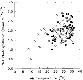 Figure 4. Relationship between air temperature and net photosynthesis for fertilized (●and low vapor pressure deficit (< 2.2 kPa)