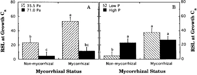 Figure 4. Interactive effects of CO2or six seedlings. Error bars are mycorrhizal status (B) on RSL at the growth CO supply and mycorrhizal status (A), and phosphorus supply and2 partial pressure