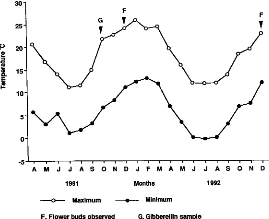 Figure 2. Monthly mean maximum and minimum temperatures at Canberra. � = maximum temperature;� = minimum temperature; G indicates when gibberellin samples were obtained; F indicates whenflower bud numbers were counted.