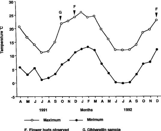 Figure 2. Monthly mean maximum and minimum temperatures at Canberra. � = maximum temperature;� = minimum temperature; G indicates when gibberellin samples were obtained; F indicates whenflower bud numbers were counted.