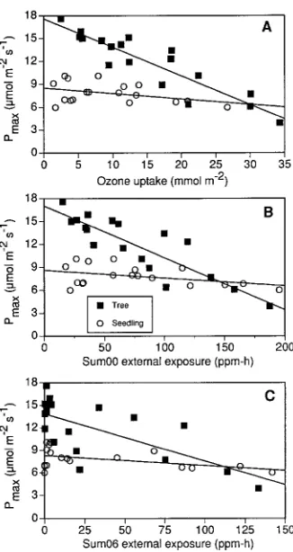 Figure 3. Light-saturated photosynthesis (Pdata from the 1992 and 1993 growing seasons shown as a function of internal ozone uptake (A), totalcumulative external ozone exposure (B, 24-h Sum00), and cumulative exposure to concentrationsmax) of mature tree (