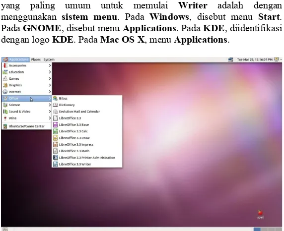 Gambar 2.1: Tampilan Pemanggilan Program Aplikasi LibreOffice 3.3 Writer pada GNOME