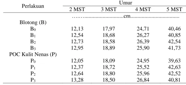 Tabel  1.  Tinggi  Tanaman  Kedelai  hitam  dengan  Perlakuan  Blotong  dan  POC  Kulit Nenas Umur 2, 3, 4 dan 5 MST 