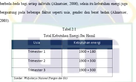 Tabel 2.1 Total Kebutuhan Energi Ibu Hamil 