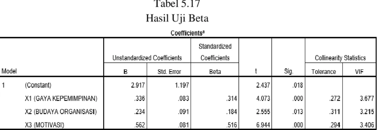 Tabel 5.17  Hasil Uji Beta 