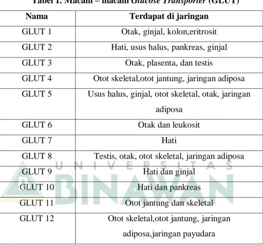 Tabel 1. Macam – macam Glucose Transporter (GLUT) 