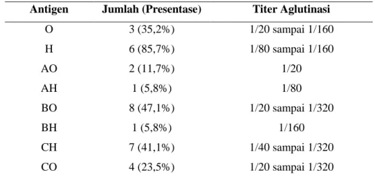 Tabel 7. Hasil Pemeriksaan Widal Positif dengan Jenis Antigen  Antigen  Jumlah (Presentase)  Titer Aglutinasi 