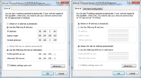 Gambar 3.17 TCP manual (kanan) dan Automatically DHCP IP (kiri)  4.  Langkah pemasangan urutan maupun susunan Straight kabel UTP/STP