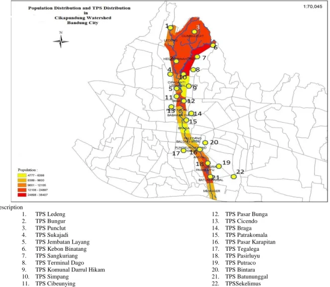 Figure 2. Map of Population Distribution and TPS Distribution Sub-watershed of Cikapundung  This  study determined the region  into 20 districts, which overlaps  with  Sub-watershed  Cikapundung