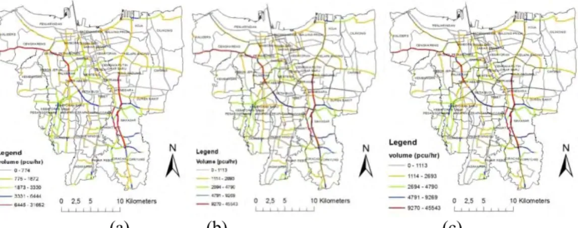 Figure 4.  (a) Traffic Volume each segment in Jakarta by 2012. (b) Traffic Volume each segment  in Jakarta by 2017