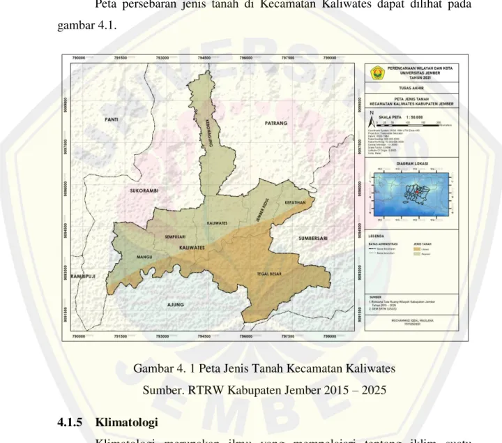 Gambar 4. 1 Peta Jenis Tanah Kecamatan Kaliwates  Sumber. RTRW Kabupaten Jember 2015  –  2025  4.1.5  Klimatologi 