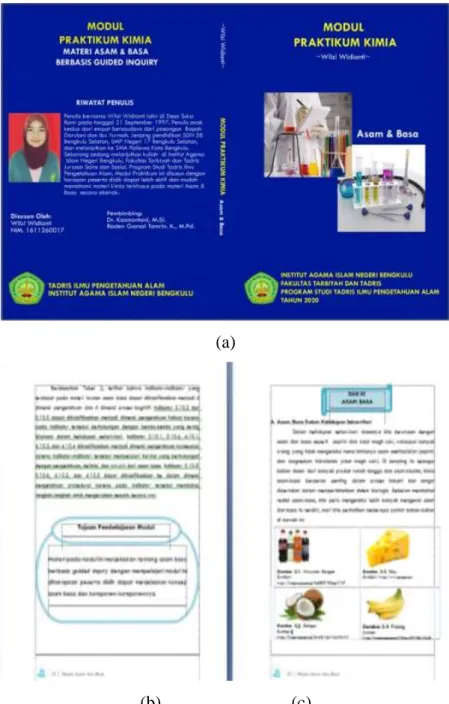 Gambar 4.4 (a) Tampilan Cover modul, (b) Tujuan pembelajaran,   (c) Tampilan materi asam basa dalam kehidupan sehari-hari 