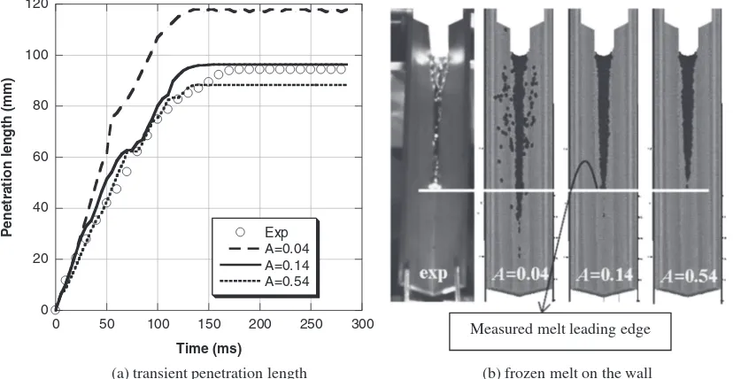 Fig. 5Comparison of pure-melt penetration between simulations using a diﬀerent rheology parameter A and experiment(Case P-1: brass wall; � ¼ 30�; Vm ¼ 1:5 cm3)